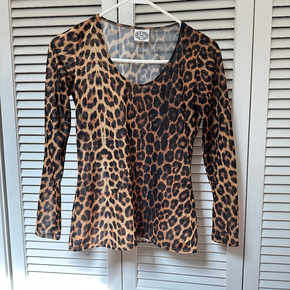 Vintage 1980s Yvan & Marzia Paris Sheer Nylon Leopard Print Long Sleeve Top